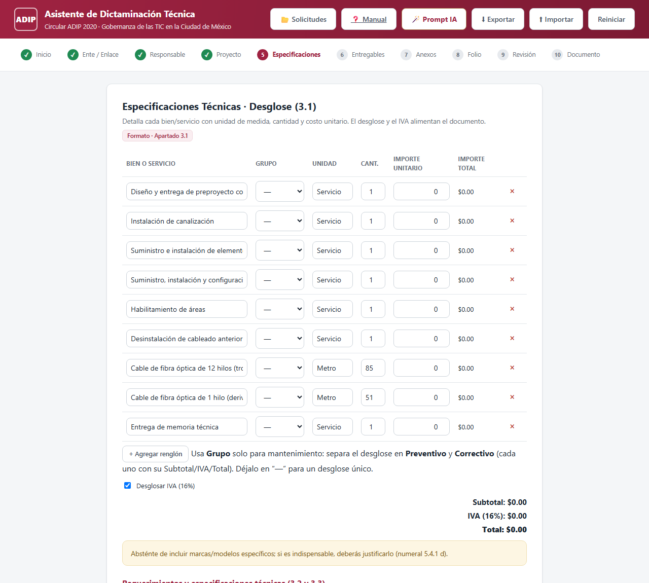 Paso Especificaciones con el desglose 3.1
